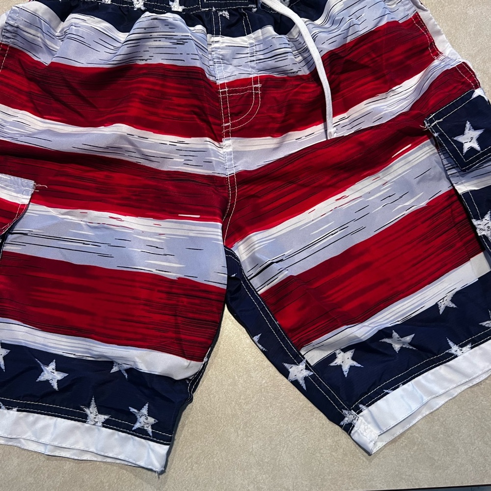 Split Red, White, and Blue Star Swim Shorts